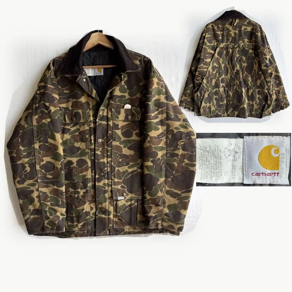 NWT VTG 80s Carhartt CQ103 Men XL Camouflage Canvas Hunting Jacket Game Bag READ